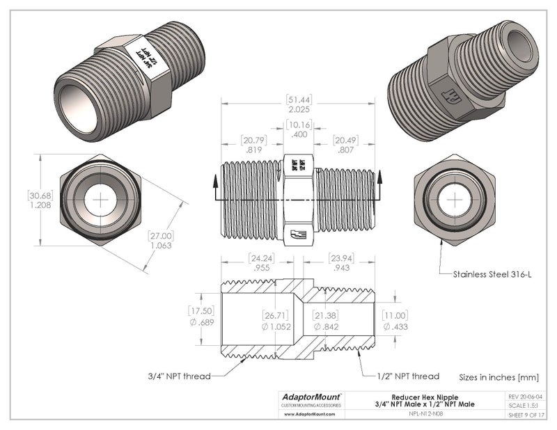AdaptorMount 3/4" NPT Male x 1/2" NPT Male, Stainless Steel 316-L Reducer Hex Nipple Connector, Reducing Pipe Fitting Adapter - Image 4